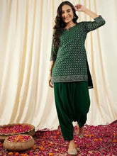 Short Kurta with Low Crotch Dhoti in Green Color